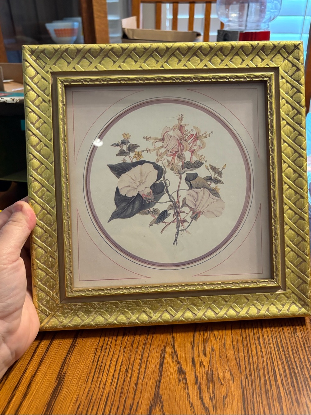 Botanical Floral Wall Art in Gold Frame - Pink & Green Illustration